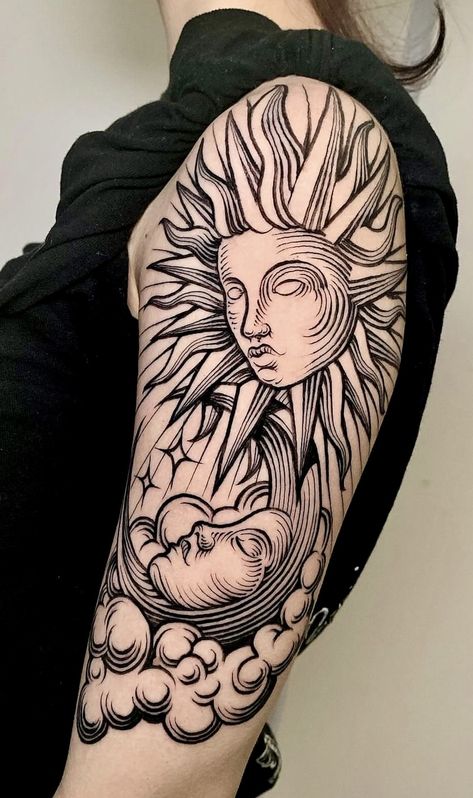 Sun And Moon Chest Tattoo, Annunaki Tattoo, Moon Chest Tattoo, Tattoos 2024, Inspo Tattoo, 2 Tattoo, Tattoo Art Drawings, Grey Tattoo, Tat Ideas