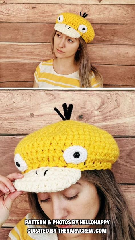 Crochet Psyduck Hat, Crochet Pokemon Hat, Pokemon Crochet Hat, Pokémon Hat, Magikarp Hat, Pikachu Hat, Crochet Hat Patterns, Pokemon Hat, Pokemon Crochet