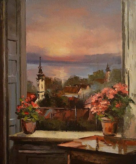 Painting Of Window, Window View Painting, Deep Paintings, French Wall Art, Interior Paintings, Ancient Paintings, Watercolor Landscape Paintings, Inspirational Artwork, Window View