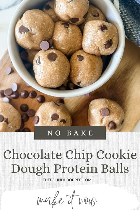 Chocolate Chip Cookie Dough Protein Balls via @pounddropper Cookie Dough Protein Balls, Pound Dropper Recipes, Chocolate Chip Cookie Dough Recipe, Sugar Free Pancake Syrup, Protein Chocolate Chip Cookies, Protein Powder Cookies, Blended Oats, Cookie Dough Protein, Low Sugar Treats