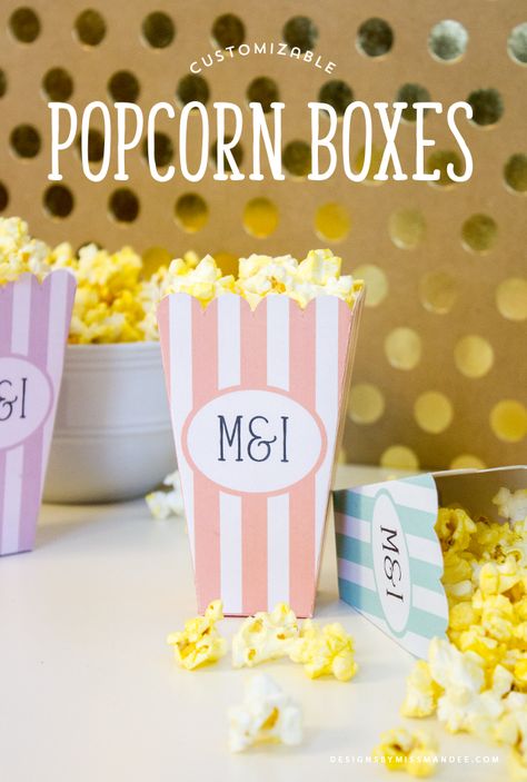 Customizable Popcorn Boxes - Designs By Miss Mandee. These would be great for a watch party or wedding reception! Add your own names or initials to personalize them. FREE printable! Popcorn Box Diy, Popcorn Box Template, Popcorn Labels, Popcorn Containers, Popcorn Boxes, Printable Box, Pumpkin Carvings Stencils, Popcorn Box, Watch Party