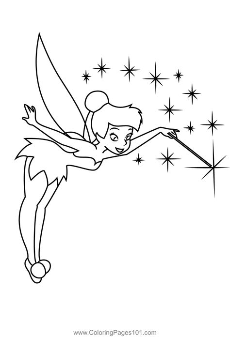 Tinkerbell With Magic Stick Coloring Page Tinkerbell Easy Drawing, Tinkerbell Cartoon Drawing, Draw Tinkerbell, Tinker Bell Sketch, Tinkerbell Tattoo Stencil, Tinkerbell Tattoo Small Outline, Disney Tinkerbell, Tinkerbell Outline, Tinkerbell Svg