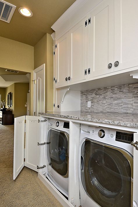 Enclosed Laundry Area, Washer And Dryer In Hallway, Conceal Washer And Dryer, Laundry Cabinet In Kitchen, Hidden Washer And Dryer Cabinet, Hidden Washer And Dryer In Kitchen, Washer Dryer In Kitchen, Washer Dryer Hidden In Cabinet, Washer Dryer Behind Cabinet Doors