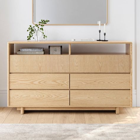 47" Modern 6-Drawer Wood Dresser with Shelves | Homary Japandi Dresser, Plywood Drawers, Dresser With Shelves, Scandinavian Dresser, Natural Wood Dresser, Narrow Dresser, Bathroom Vanity Remodel, Dresser Shelves, Living Room Pouf