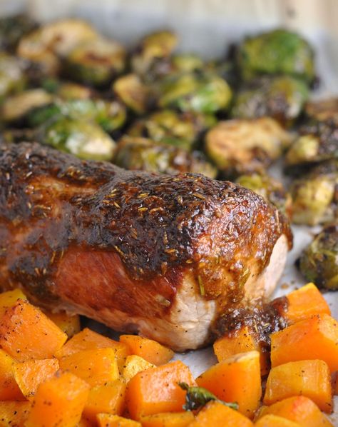 Sheet Pan Balsamic Pork Tenderloin with Fall Vegetables Pork Tenderloin And Butternut Squash, Squash Sheet Pan Dinner, Sheet Pan Pork Tenderloin, Balsamic Pork Tenderloin, Sheet Pan Pork, Balsamic Pork Tenderloins, Roasted Fall Vegetables, Balsamic Pork, Olive Oil Recipes