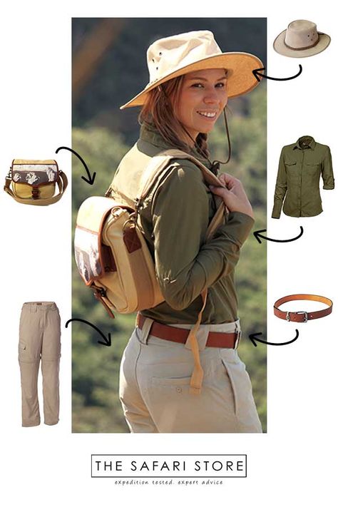 Gone are the days of drab safari clothing. The Safari Store is home to functional, fashionable safari wear for Africa and outdoors. Read our advice on how to accessorise. Dubai Safari Outfit, Safari Costume Women, Safari Adventure Outfit, Outfit Tour, Safari Outfit Women, Safari Tour Guide, Africa Safari Clothes, Safari Clothing, Zoo Outfit