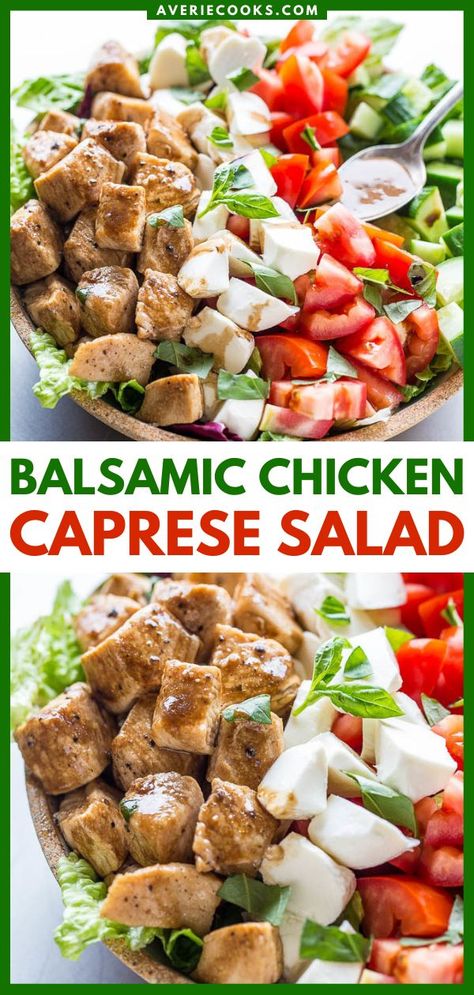 Balsamic Chicken Caprese Salad, spring food ideas, healthy salad recipes Chicken Caprese Salad, Ensalada Caprese, Chicken Caprese, Salad With Balsamic Dressing, Keto Salads, Green Salads, Salad Chicken, Averie Cooks, Caprese Chicken