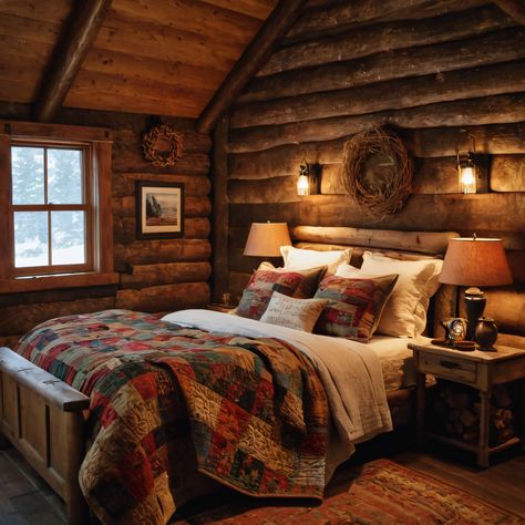 A cozy rustic cabin bedroom with log walls, a stone fireplace, and a quilt-covered bed, offering warmth and charm in a natural setting. #CabinBedroom #Rustic #LogWalls #StoneFireplace #CozyQuilt Cozy Log Cabin Bedroom, Log Cabin Bedroom Decor, Cabin Inspired Bedroom, Cabin Style Bedroom, Cozy Cabin Bedrooms, Log Cabin Bedrooms, Cozy Rustic Cabin, Rustic Cabin Bedroom, Log Cabin Bedroom