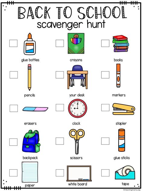 School Supplies Scavenger Hunt, School Supply Scavenger Hunt, Back To School Themed Activities, Back To School Scavenger Hunt Elementary, Preschool Classroom Scavenger Hunt Free Printable, First Day Of School Scavenger Hunt, Classroom Scavenger Hunt Kindergarten, Back To School Games Preschool, Back To School Scavenger Hunt Preschool