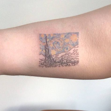 Starry Night Tattoo, Van Gogh Tattoo, Night Tattoo, Pretty Hurts, Dainty Tattoos, Starry Night Van Gogh, White Tattoo, Fine Line, Body Mods