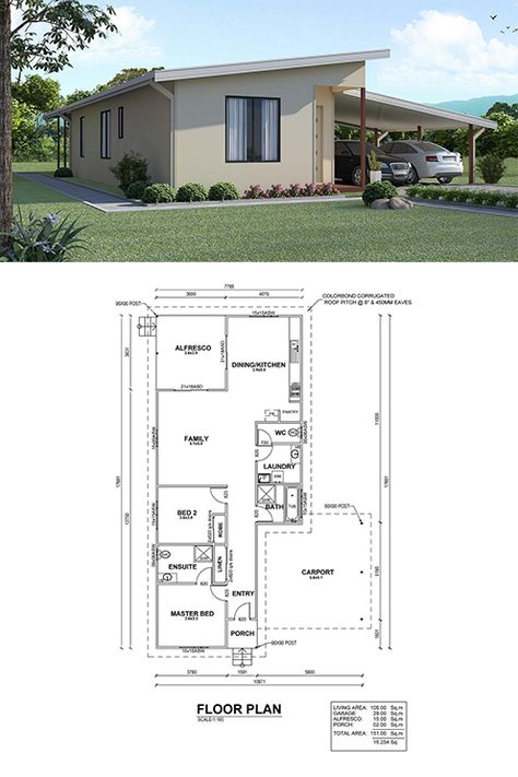 The osprey design is a two bedroom design with 2 bathrooms. This home features many extras such as a carport and alfresco area. There is a long entry way that leads down to family and dining area. 2 Bedroom House Design, Double Carport, Open Kitchen And Living Room, Bedroom With Bath, Alfresco Area, 2 Bedroom House, Kit Home, Bedroom Layouts, Entry Way