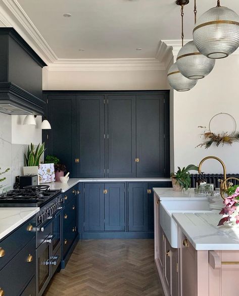 Pink And Blue Kitchen, Salmon Kitchen, Coving Ideas, Dead Salmon, Marble Worktop, Blue Kitchen Decor, Home Decoration Ideas, Luxury Homes Interior, Bespoke Kitchens