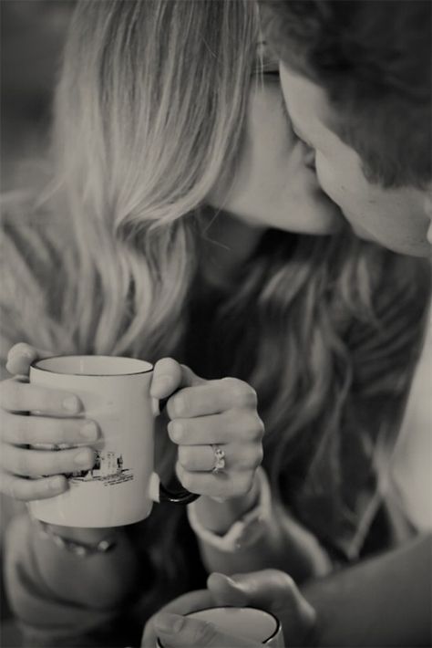 Black and white. Very classic. Love the coffee cup. Shows that the love is everyday romance. Morning Kisses, Winter Engagement, Wedding Chicks, The Kiss, The Perfect Guy, Love Is, Romantic Love Quotes, Two People, Romantic Love