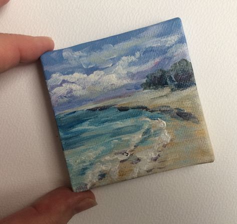 Marine miniature landscape on canvas. Sea miniature landscape on canvas with a mini easel. Picture with the image of sea waves, coast and trees. Original acrylic painting on primed canvas. The painting is sold with a miniature easel. Marine landscape. Calm blue and beige colors The painting is made in the style of impressionism. The canvas is stretched on a stretcher. Painting Ideas On Small Canvas, Landscape On Canvas, Tiny Paintings, Marine Landscape, Mini Toile, Mini Oil Painting, Selling Ideas, Miniature Landscape, Mini Easel