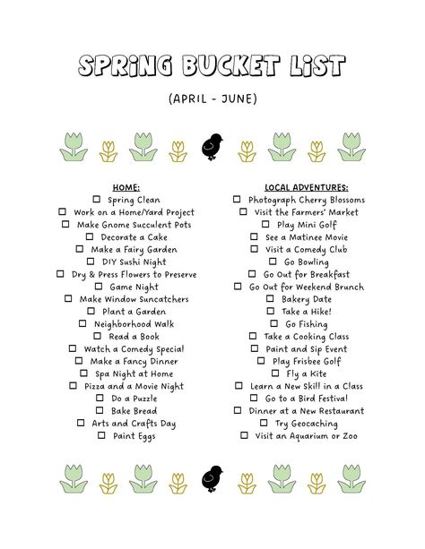 "Fun Bucket List Activity to do this Spring! Live each season to the fullest with this fun checklist poster for kids and adults. You will receive: One 8.5\" x 11\" PDF  DIGITAL FILE - INSTANT DOWNLOAD  This listing is for printable, digital PDF files only. This is not an editable document. No printed material will be shipped to you. * Downloaded products are non-refundable THESE FILES ARE FOR PERSONAL USE ONLY. You may not sell or share the files or any graphics they contain. No commercial use allowed." Seasonal Bucket List, Fun Checklist, Spring Checklist, Bucket List Activity, Spring Bucket List, Date Plant, Bucket List Printable, Spring Fun, List Printable