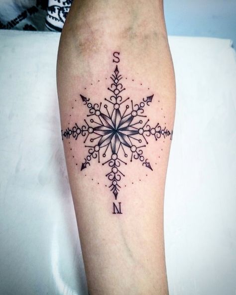 This is my snowflake/compass. It turned out just like I imagine it! Love it so much! #snowflake #compass #tattoo Snowflake Compass Tattoo, Compas Tattoo, Snowflake Tattoos, Snowflake Tattoo, Winter Tattoo, Snow Flake Tattoo, Simple Tattoos For Women, Irish Tattoos, Web Tattoo