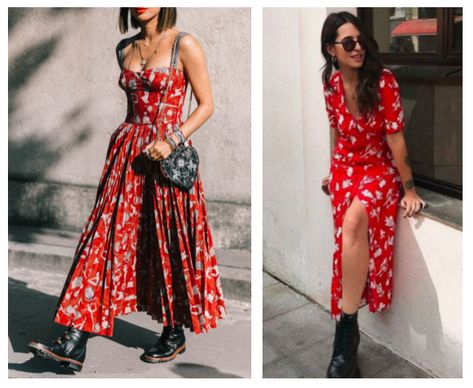 Combat Boots Outfit Summer, Dress Combat Boots, Dress With Combat Boots, Summer Boots Outfit, Combat Boot Outfit, Long Red Dress, Red Dress Maxi, Boots Outfit, Flower Dresses