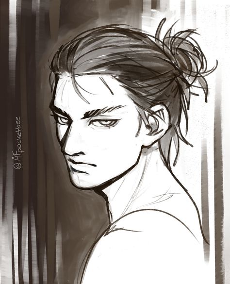 Man Bun Art Reference, Eren Character Design, Man Bun Anime Drawing, Anime Guy Man Bun, Man Bun Sketch, Man Bun Drawing Reference Front View, Man Bun Drawing Reference, Man Bun Drawing, Bun Drawing Reference