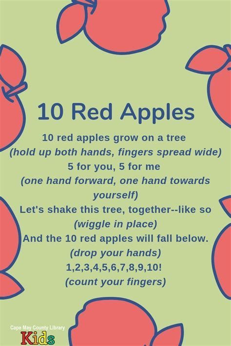 Preschool Counting Songs, Farm Storytime, Apple Poem, Preschool Fingerplays, Farm Songs, Preschool Apple Theme, Counting Songs, Library Programming, Circle Time Songs