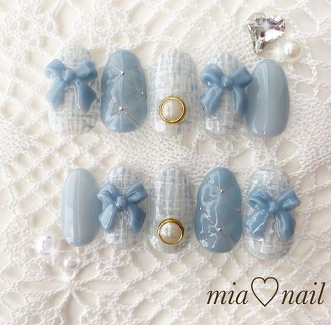 Square Korean Nails, Korean Charm Nails, Blue Japanese Nails, Nail Art Blue Pastel, Nail Korean Style Blue, Korean Nail Art Blue, Pastel Blue Nail Art, Blue Korean Nails, Pastel Blue Nails