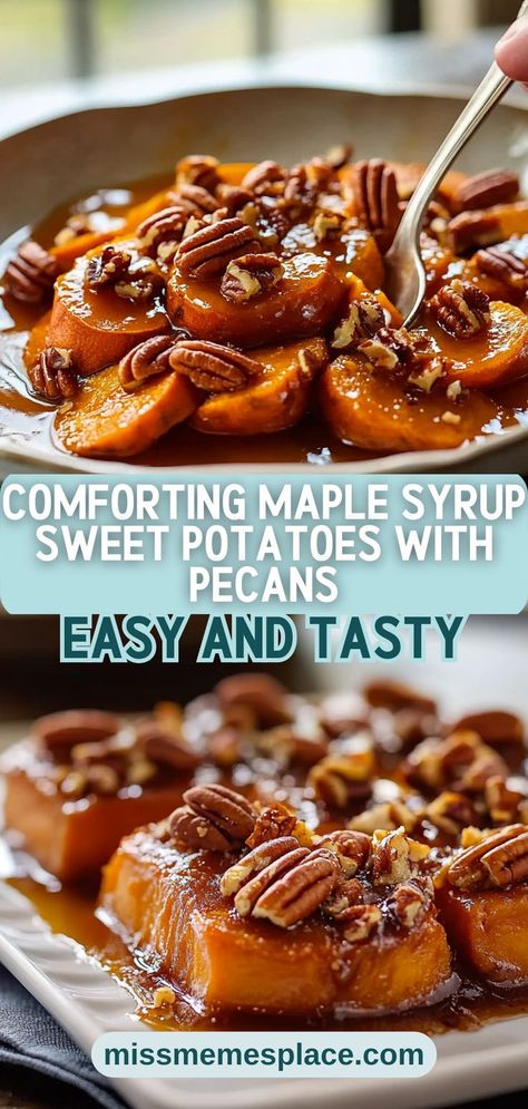 Experience the ultimate comfort food with these Comforting Maple Syrup Sweet Potatoes topped with crunchy pecans. This delightful recipe transforms simple ingredients into a warm and inviting dish that's perfect for any gathering. Sweet potatoes are rich in vitamins, and when baked to perfection and mixed with high-quality maple syrup, they create a heavenly blend of flavors. Serve it alongside your favorite main courses for a balanced meal that will leave your guests asking for seconds! Sweet Potatoes With Pecans On Top, Sweet Potato Pecan Recipes, Sweet Potato Syrup, Christmas Sweet Potato Recipes, Sweet Potatoes With Maple Syrup, Christmas Sweet Potato, Sweet Potatoes With Pecans, Maple Pecan Sweet Potatoes, Maple Glazed Sweet Potatoes