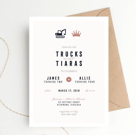 Trucks And Tiaras Birthday Party, Tiaras Birthday Party, Shared Birthday Parties, Twin Birthday Themes, Double Birthday Parties, Sibling Birthday Parties, Combined Birthday Parties, Twin Birthday Parties, Girls Birthday Party Themes