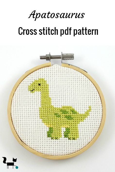 This cute little Apatosaurus, is the 3rd dinosaur in line of 5 cross stitch patterns that I designed as boy room decor. #dinosaur #crossstitchpattern Small Dinosaur Cross Stitch, Simple Cat Cross Stitch Patterns, Easy Cross Stitch Patterns For Beginners, Small Cross Stitch Patterns Free, Dino Cross Stitch, Dinosaur Cross Stitch, Counted Cross Stitch Patterns Free, Baby Cross Stitch Patterns, Easy Cross Stitch Patterns