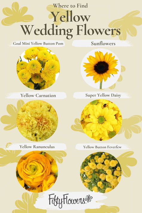 Are you having a yellow wedding theme? Or perhaps you are looking to incorporate yellow wedding flowers into your DIY wedding centerpieces? We listed some of the most popular, affordable, wholesale yellow wedding flowers to use in your DIY bridal bouquet or any of your DIY wedding decor. Yellow is a perfect fall and summer wedding color and these flowers will look great as wedding flowers. Yellow pairs well with green, blush pink, dark greens, and navy blue wedding color palettes and schemes. Types Of Yellow Flowers, Green And Yellow Fall Wedding, Mustard Yellow Wedding Theme Color Schemes, Canary Yellow Wedding Color Schemes, Yellow Filler Flowers, Yellow Fall Wedding Flowers, Yellow Fall Wedding Theme, Wedding Color Yellow Schemes, Yellow And Emerald Wedding