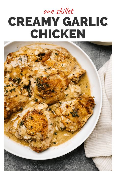 Baked Chicken Recipes Cast Iron, Chicken Breast Cast Iron Skillet, How To Cook Chicken In Cast Iron Skillet, Creamy Garlic Chicken Skillet, Chicken Breastrecipes Boneless Cast Iron, Bone In Chicken Recipes, Chicken Thigh Recipes Oven, Easy Chicken Thigh Recipes, Creamy Garlic Chicken