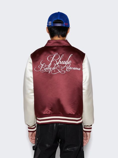 "Find RHUDE Satin Varsity Jacket on Editorialist. Front zipper closure Contrast sleeves Ribbed waist, and cuffs Embroidery on back Dimensions: Model is 6'1\"/185cm and is wearing a size M Composition: 100% polyester; 100% lyocell; 95% polyester, 5% spandex Care: care according to label" Satin Varsity Jacket, Care Care, Mens Outerwear, Outerwear Jackets, Front Zipper, Varsity Jacket, Composition, Spandex, Satin