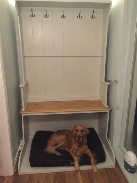 Monk bench Dog Bed ! Dog Bed Hallway, Dog Bed In Mudroom, Bench Seat Dog Bed, Dog Bed In Utility Room, Boot Room Dog Bed, Mudroom Hallway Dog Bed, Boot Room With Dog Bed, Utility Dog Bed, Dog Bed Bench