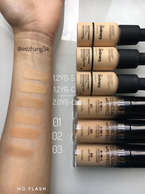 The ordinary foundation and milani conceal + perfect foundation swatches ! @eezhang34 Milani Foundation Swatches, Milani 2 In 1 Foundation, Ordinary Foundation, The Ordinary Foundation, Milani Foundation, Cake Foundation, Concealer Swatches, Dubai Outfit, Milani Conceal And Perfect