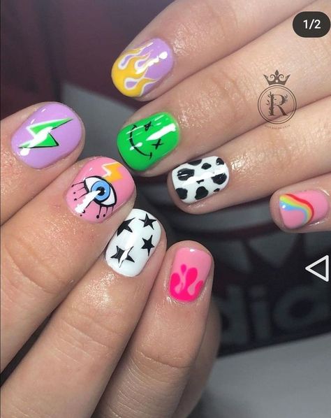 9 Fun Smiley Face Nails You Could Have Today 2023 | Summer Nails Art Designs On Nails, Smiley Face Nails, Best Summer Nails, Summer Nails Art, Summer Nails Ideas, Face Nails, Multicolored Nails, Cow Nails, Retro Nails