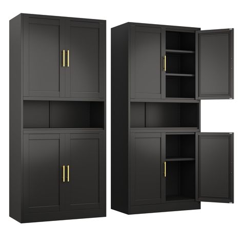 PRICES MAY VARY. 🛒【Safe and Sturdy】: The storage cabinet is made of high-quality cold-rolled steel. Pantry cabinet adopts a high-quality electrostatic powder layer, which is easy to clean, scratch resistant and sturdy and durable.The back panel has screws that can be fixed to the wall to prevent the cabinet from tipping over. 🛒【Adjustable shelves】: Metal storage cabinet with 3 adjustable shelves, you can move the shelves up and down as needed. Each shelf can hold up to 120 pounds. 🛒【Large Sto Storage Cabinet Next To Fireplace, Mudroom Cabinets With Countertop, Black Pantry Cabinets, Iron Ore Cabinets Kitchen, Pantry With Cabinets And Counter, Skullery Butler Pantry, Standing Pantry Cabinet, Color Bar Salon Ideas Small Spaces, Office Storage Wall