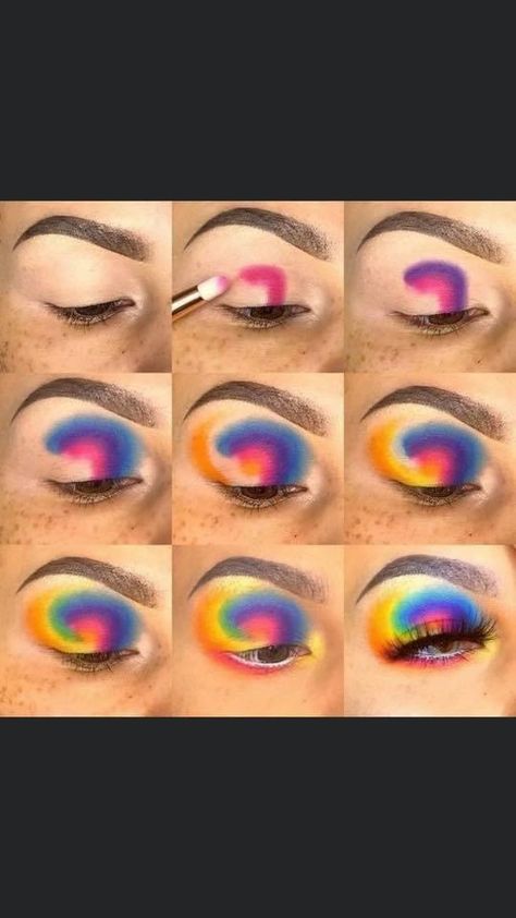 Eyeshows Looks Colorful, Color Block Eyeshadow, Rave Inspo Makeup, Extreme Eyeshadow Looks, Black Light Eye Makeup, Awesome Makeup Looks, Tye Dye Eyeshadow Looks, Bright Colorful Eye Makeup Step By Step, Rainbow Eye Makeup Simple