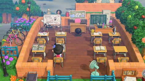 School Animal Crossing New Horizon, Acnh Classroom Design, Animal Crossing Classroom Ideas, Classroom Animal Crossing, Acnh Airport Waiting Area, Acnh School Ideas, Acnh Small Area Ideas City, Hhp Hospital, Acnh School Design