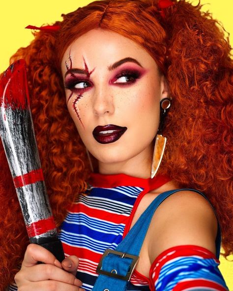 Chucky Make Up Woman, Glam Chucky Makeup, Chucky Eyeshadow Look, Simple Chucky Makeup, Chucky Inspired Makeup, Chuckie Makeup Female, Female Chucky Makeup, Chucky Hairstyles, Chucky Costume Makeup