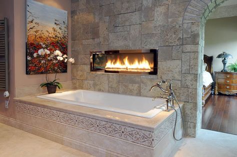 Fireplace Ideas For Bedroom, Tiled Deck, Drop In Tub Ideas, 2 Sided Fireplace, Double Sided Gas Fireplace, Bath Design Ideas, Two Sided Fireplace, Bathroom Design Styles, Drop In Tub