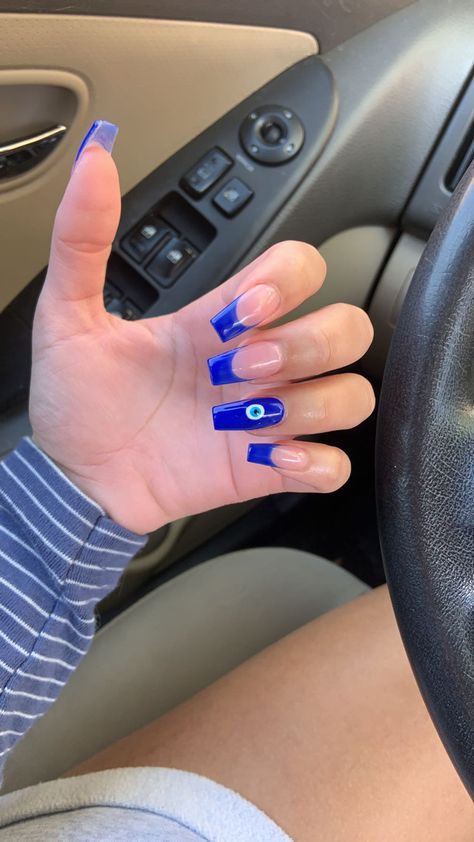 Blue Nails With Evil Eye Design, Long Acrylic Nails Evil Eye, Blue Evil Eye Nails Square, Blue Eye Nails, Royal Blue Nails Evil Eye, Dark Blue Nails Evil Eye, Evil Eye Nails Design, Black Chrome Nails, Navy Nails