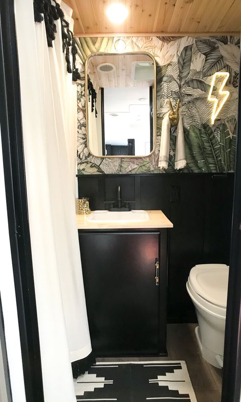 RV Makeover with Serious Boho Vibes — Troop Nashville Rv Bathroom Remodel Wallpaper, Black Cabinet Rv, Black Rv Bathroom, Rv Remodel Black Cabinets, Black Cabinets In Rv, Black Rv Cabinets, Black Rv Interior, Farmhouse Motorhome, Campers Remodeled