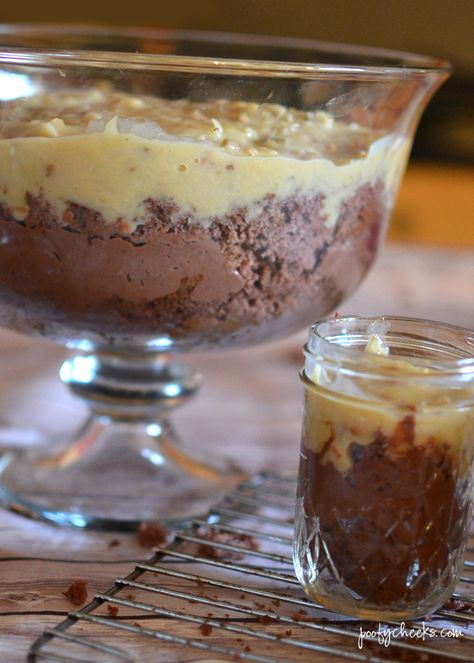 Chocolate Cake Trifle, Peanut Butter Crispy Treats, Easter Trifle, Trifle Chocolate, Homemade German Chocolate Cake, Trifle Bowl Recipes, Cake Trifle, German Chocolate Cake Recipe, Chocolate Peanut Butter Fudge