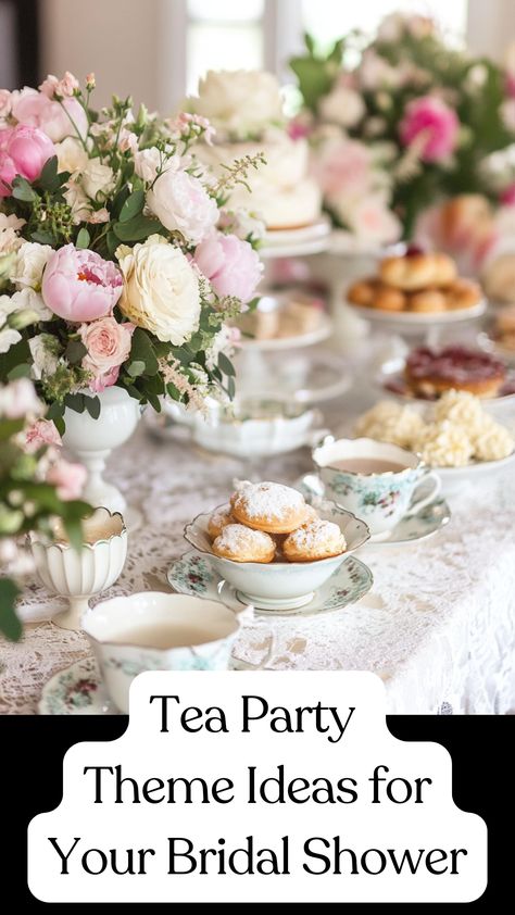 A beautifully decorated tea party bridal shower with vintage teacups, elegant floral arrangements, and delicate pastries on a lace-covered table, creating a charming and sophisticated atmosphere. Garden Tea Party Bridal Shower Ideas Floral Arrangements, Vintage Tea Party Bridal Shower Ideas Decor Table Settings, Theme For Wedding Creative Ideas, Bridal Shower Afternoon Tea, English Tea Bridal Shower Ideas, Garden Party Theme Bridal Shower Ideas, Bridal Shower Ideas Tea Party, Tea Party Shower Bridal, Tea Themed Bridal Shower Ideas