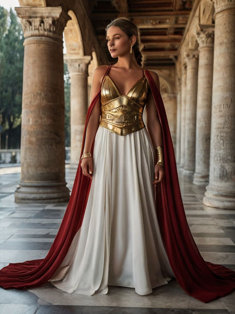 Warrior Goddess Costume, Roman Outfits Women Ancient, Roman Costume Womens, Athena Inspired Outfit, Athena Goddess Costume, Asgardian Fashion, Roman Dresses, Goddess Armor, Athena Cosplay