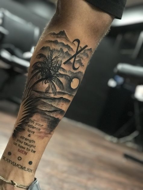 Palm trees and a sunny beach leg sleeve tattoo %100 freehand, made in dallas By Faisal Al-lami Beach Leg Tattoo, Beach Tattoo For Men, Tropisches Tattoo, Tree Sleeve Tattoo, Tree Tattoo Forearm, Tree Sleeve, Tree Tattoo Men, Sunset Tattoos, Free Hand Tattoo