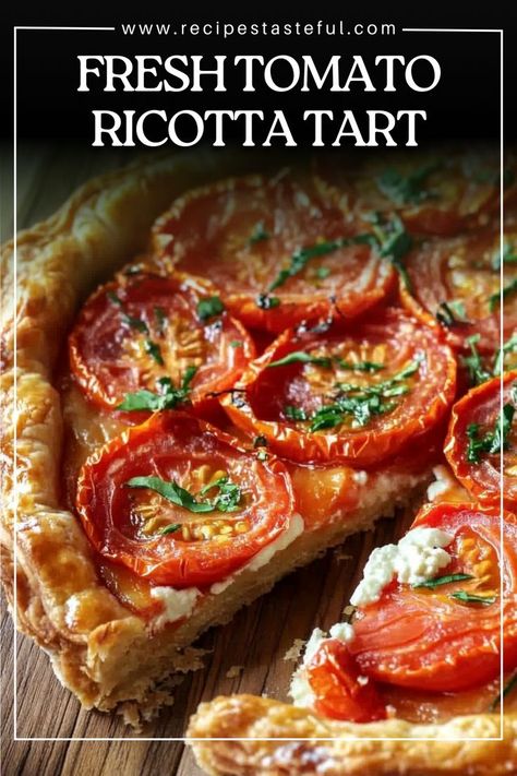 This savory tart features layers of fresh tomatoes and a creamy ricotta mixture, all nestled in a flaky puff pastry crust. Perfect as an appetizer or a light summer meal, it’s best enjoyed warm, garnished with fresh basil. Tomato Tart Puff Pastry, Ricotta Tart, Tomato Tart Recipe, Light Summer Meals, Puff Pastry Crust, Puff Pastry Tart, Tomato Tart, Summer Meal, Pastry Crust