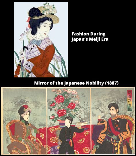 Under the reign of Japanese emperor Meiji (1867-1912 known as the Meiji Era or Enlightened Rule Reforms), Japanese art and fashion slowly assimilated Europe’s distinct textures and flavors. Uncharacteristic Japanese elements --garish hats, fuzzy crinolines, bombazines, purples, greens, canary yellows- were gradually incorporated into the nation’s indigenous aesthetics. Meiji Era Fashion, Decadent Movement, Meiji Era, Art And Literature, Graphic Arts, Japanese Prints, Religious Art, Great Wave, Japanese Art