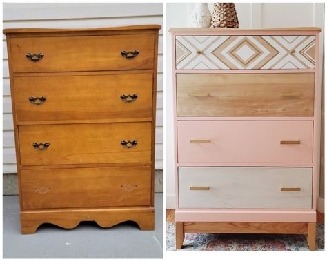 Chest Of Drawers Makeover Diy Boho, Upcycle Tallboy Dresser, Diy Painted Dresser Ideas Boho, Painted Boho Dresser, Painted Dresser Ideas Modern, Boho Dresser Flip, Dresser Makeover Nursery, Retro Dresser Makeover, Upcycle Dresser Diy