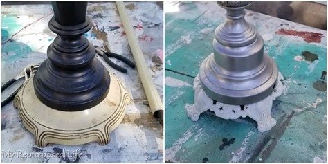 Upcycle Lamp, Metal Plant Stands, Lamp Plant, Cheap Lamps, Repurposed Lamp, Tall Candlesticks, Lamp Candle Holder, Lamp Makeover, Tall Lamps