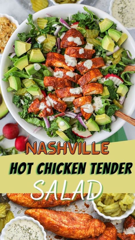 Sweet And Spicy Chicken Tenders, Dill Pickle Dressing, Pickle Dressing, Chicken Tender Salad, Spicy Chicken Tenders, Nashville Chicken, Hot Chicken Salads, Sea Food Salad Recipes, Sweet And Spicy Chicken