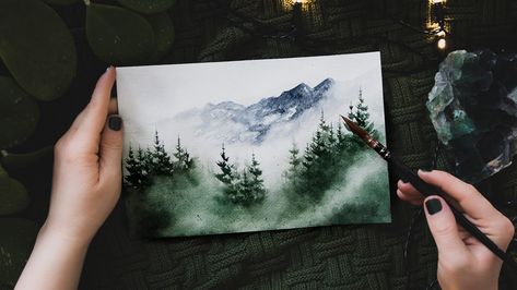 Misty Watercolor Paintings, Watercolor Mountains Tutorial, Landscape For Beginners, Misty Watercolor, Abstract Watercolor Paintings Tutorials, Watercolor Landscape Tutorial, Wet On Wet Technique, Landscape Tutorial, Beginning Watercolor